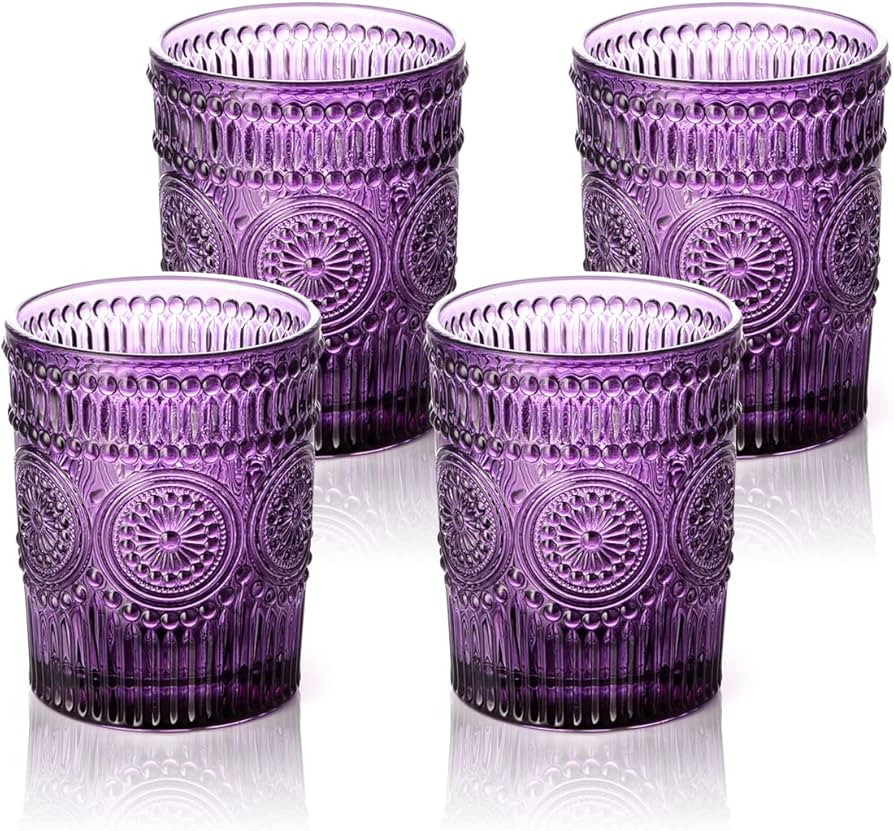 4 Pack Romantic Water Glasses-10.5 OZ Purple Vintage Drinking Glasses Tumblers for Whisky, Beer, ... | Amazon (US)