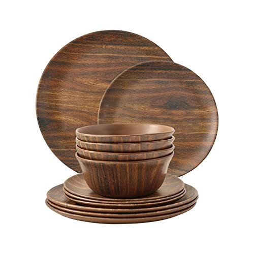 TP 12-Piece Melamine Dinnerware Sets, Plates and Bowls Dishes Set for 4, Break-Resistant & Non-Microwavable, Lightweight Dinner Plates, Wood Grain | Amazon (US)