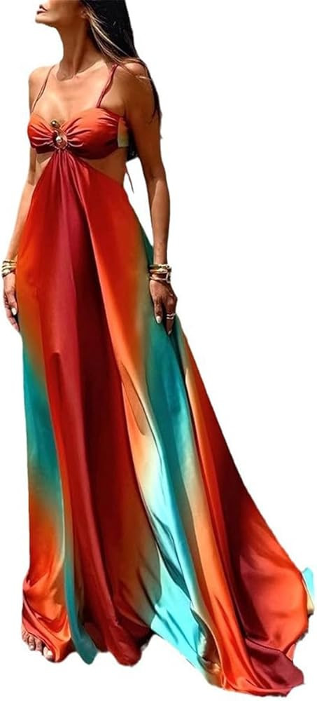 Women's Vibrant Sunset Print Summer Dress, Sleeveless Halter Vest Long Dress, Cutout Back Resort ... | Amazon (US)