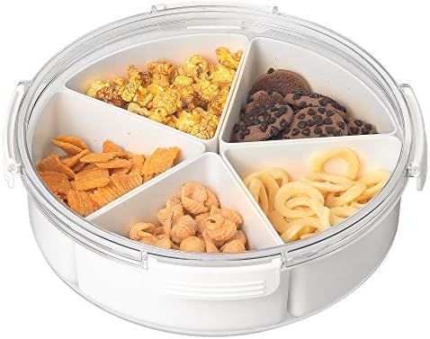 White Round Plastic Divided Serving Tray with Lids, 5 Individual Dishes Food Storage Containers, Ser | Amazon (US)
