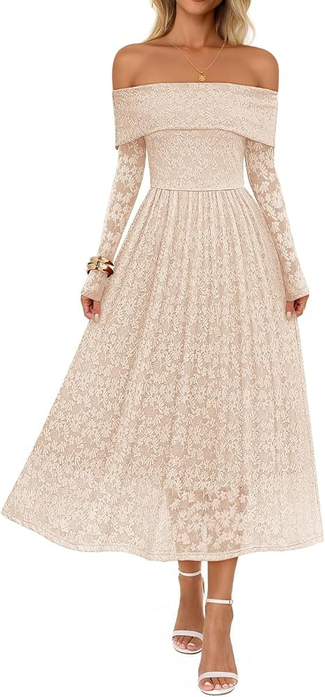 MEROKEETY Women's 2025 Fall Long Sleeve Floral Midi Dress Off Shoulder Wedding Guest Formal Long ... | Amazon (US)