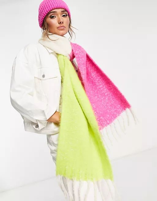 ASOS DESIGN fluffy color block scarf in lime and pink  | ASOS | ASOS (Global)