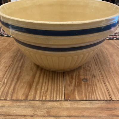Antique Yellow Ware Blue White Striped Large Bowl Ribbed 11" Rustic Crock Mixing | eBay US