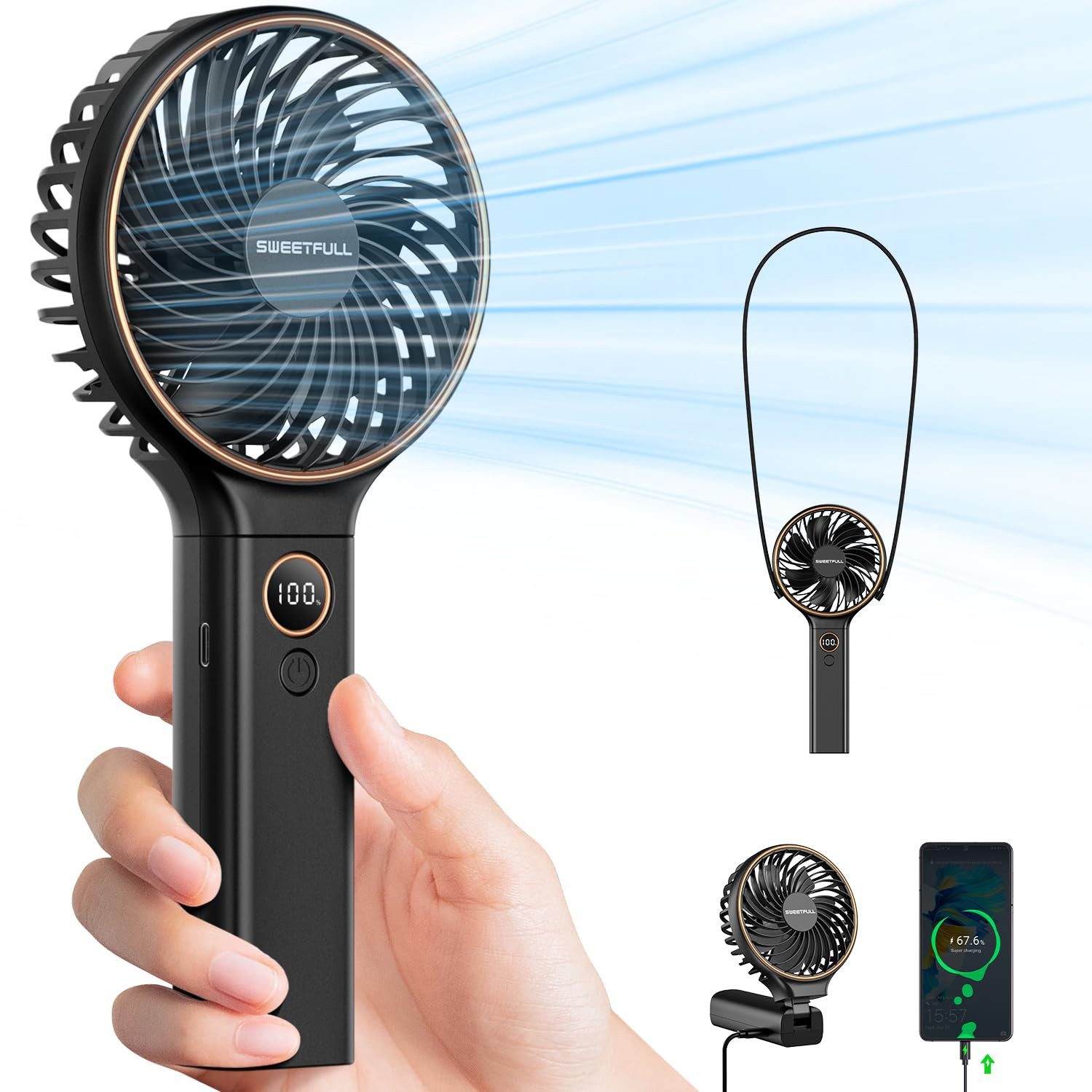 SWEETFULL Handheld Fan, Portable Fan, 5000mAh Rechargeable Battery, 6 Speed Wind, LED Display, Pe... | Amazon (US)