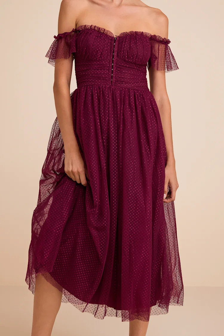 Regal Radiance Burgundy Tulle Bustier Midi Dress | Lulus