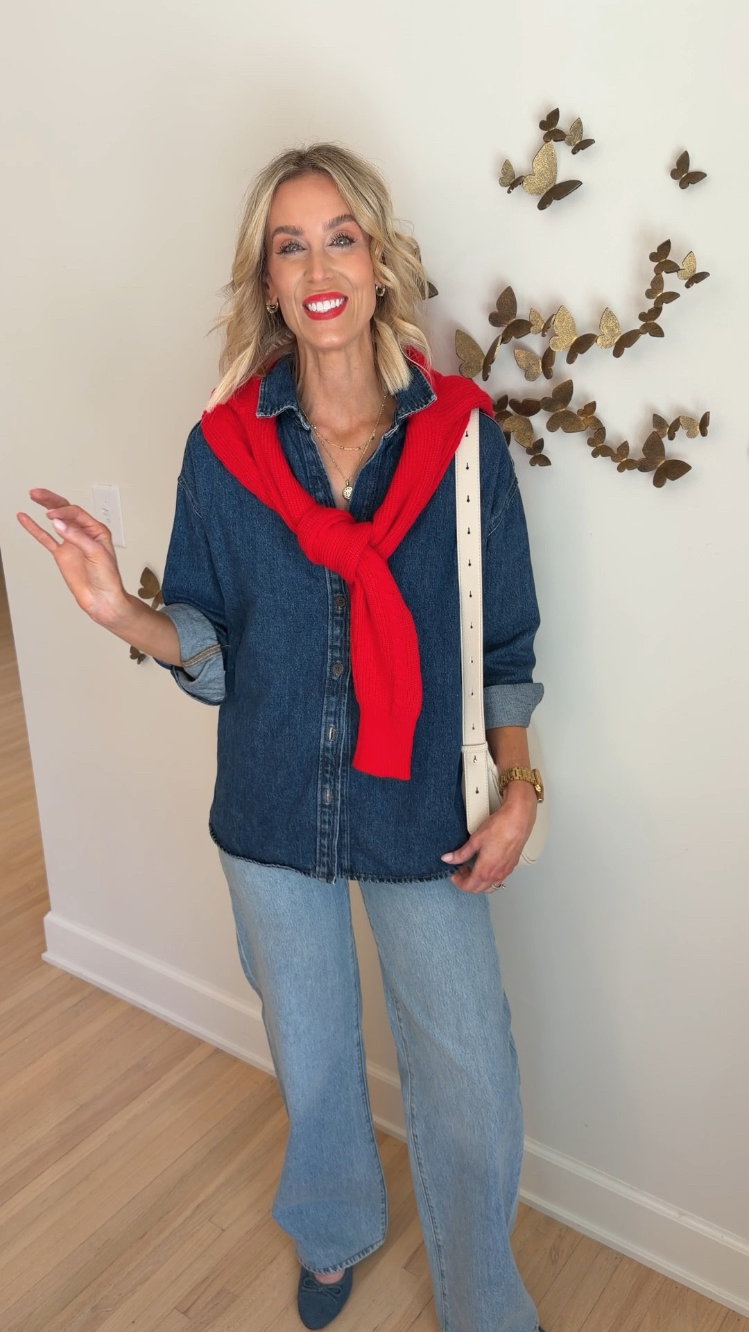 I love this denim shirt paired with these wide leg jeans as a modern way to wear denim on denim! 