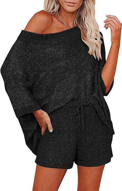 Ermonn Womens 2 Piece Outfits Sweater Sets Off Shoulder Knit Tops Waist Short Suits Casual Pajama... | Amazon (US)