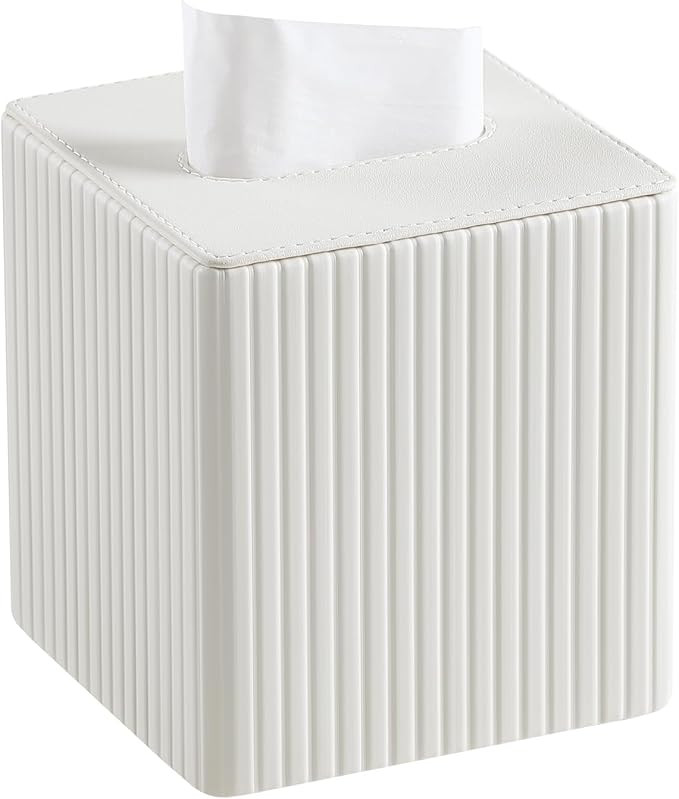 PU Leather Tissue Box Cover Square Tissue Box Holder with Magnetic Closure (Ivory Fluted) | Amazon (US)
