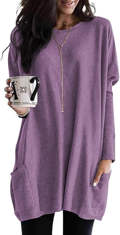 Poetsky Fall Womens Tunic or Tops to Wear with Leggings Long Sleeve Casual Long Shirts with Pocke... | Amazon (US)