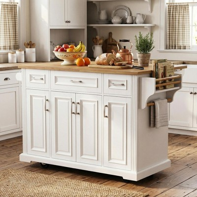 JVNOXK 54inch White Rolling Kitchen Island with Rubber Wood Drop Leaf, 4 Doors 3 Drawers Storage Cart | Target