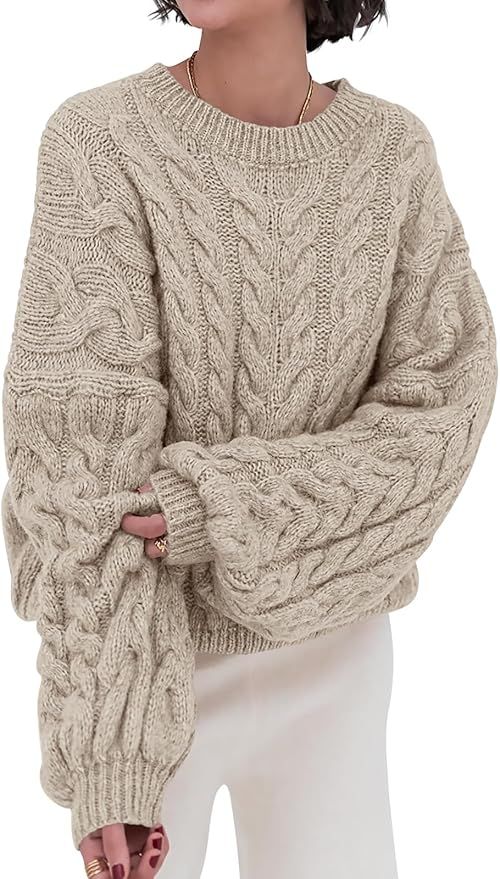 PRETTYGARDEN Womens Sweaters Fall 2024 Cable Knit Long Sleeve Crewneck Oversized Sweater Chunky P... | Amazon (US)