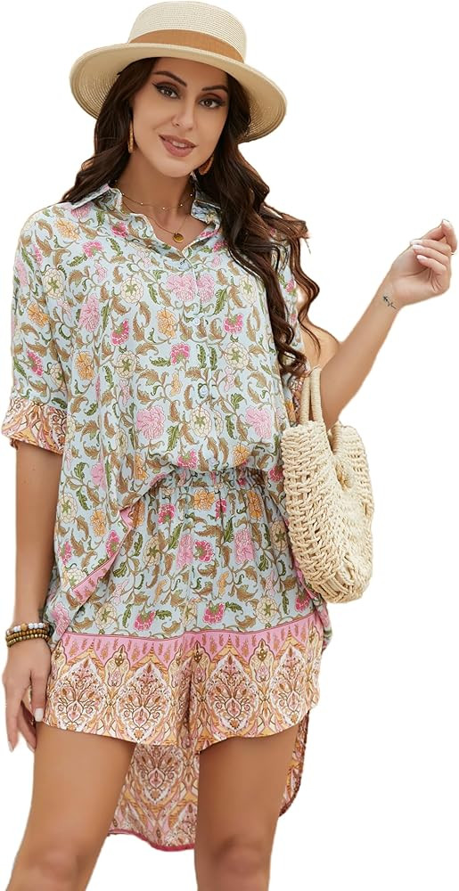 Women's Boho 2 Piece Outfit Floral Open Front Tropical Tunic Blouse and Shorts Set | Amazon (US)