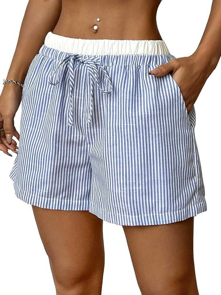 Verdusa Women's Drawstring Waist Striped Shorts Straight Leg Summer Shorts with Pockets | Amazon (US)