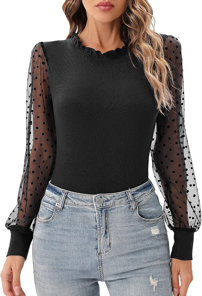 ihot Women's Mock Turtle Neck Long Sleeve Mesh Polka Dot Ribbed Ruffle Bodysuit Top Leotards | Amazon (US)