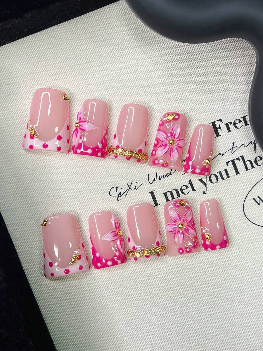 10pcs Y2K Nails Chic Duckbill Press On Nails Set - Handcrafted, Pink Nails, Pink French Tip Na... | SHEIN