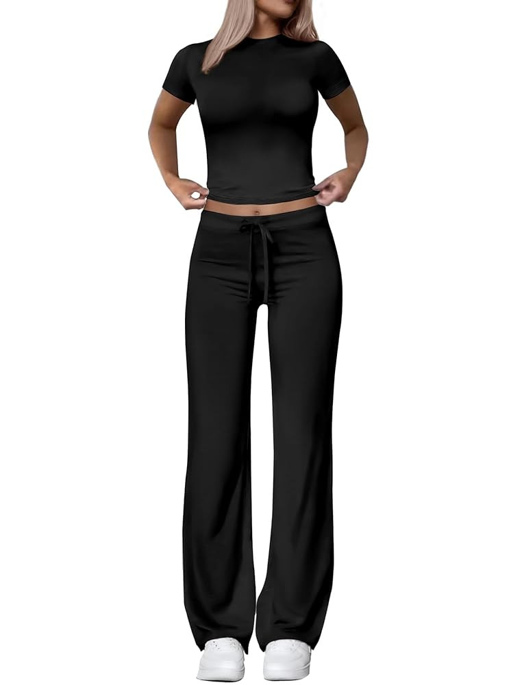 Two Piece Lounge Sets for Women Wide Leg Pants Short Sleeve Crop Tops Y2k Matching Sets Travel Ou... | Amazon (US)