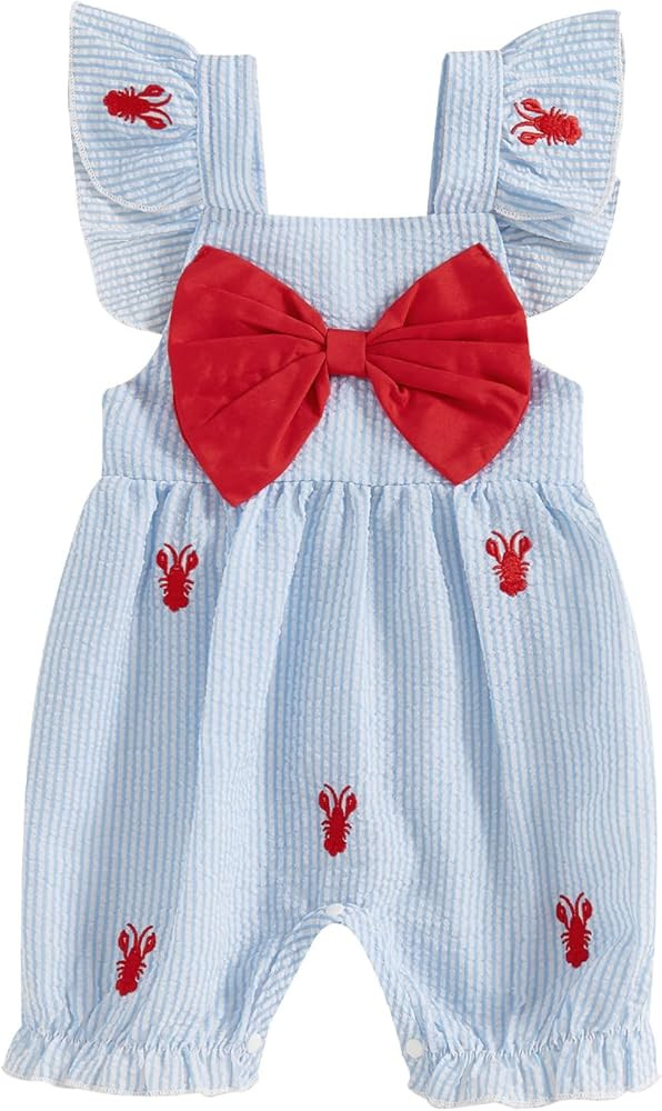 FYBITBO Baby Girl Crawfish Outfit Fly Sleeve Crawfish Romper Bowknot Jumpsuit One Piece Summer Cl... | Amazon (US)