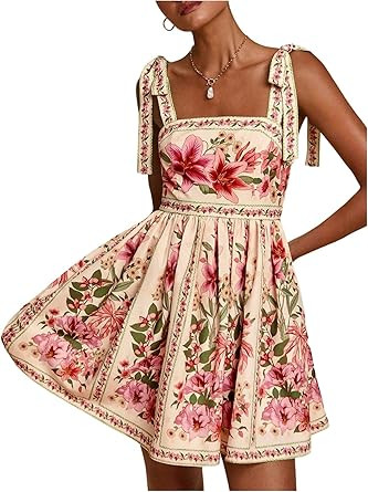 OYOANGLE Women's Boho Dress Floral Tropical Vacation Dress Sleeveless Tie Shoulder Summer Flowy M... | Amazon (US)