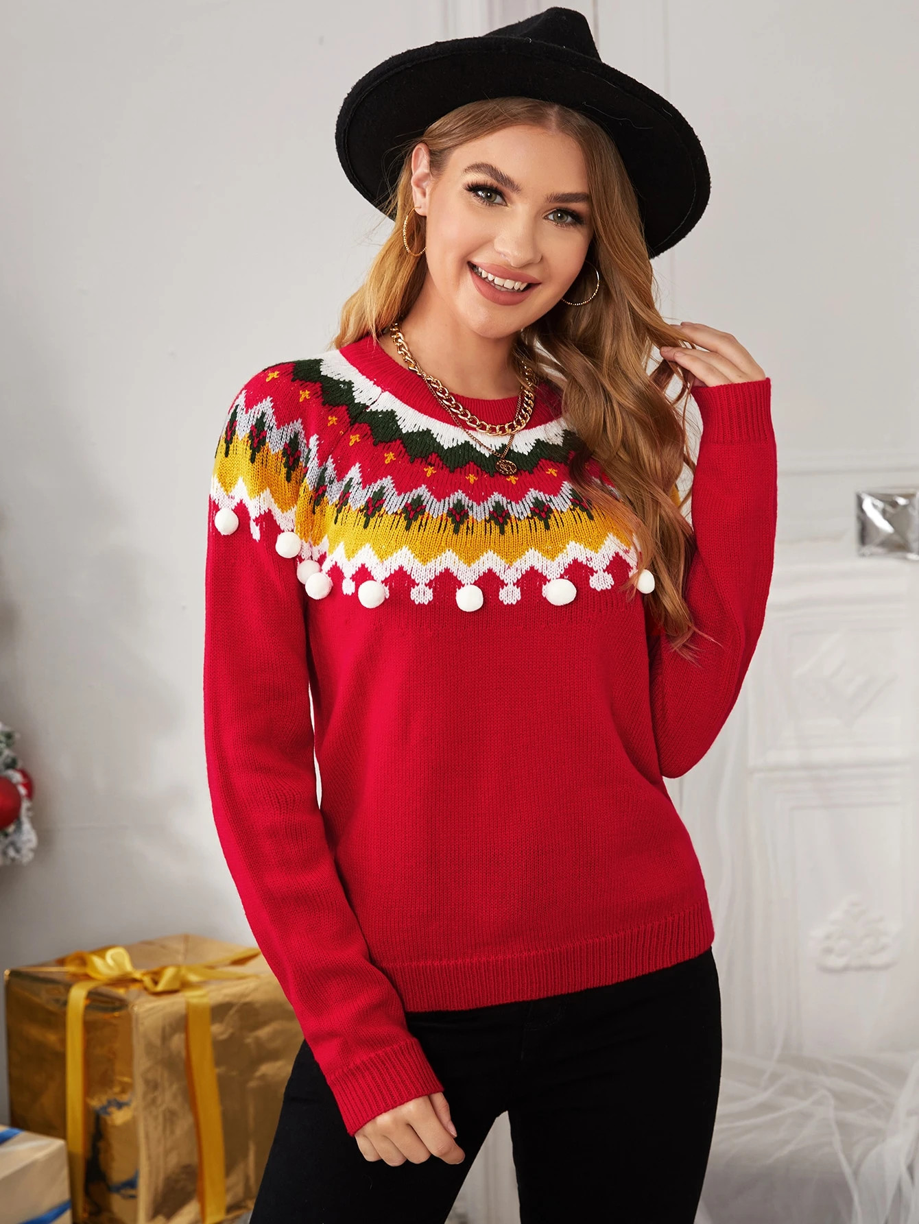 Chevron Pattern Pom Pom Sweater | SHEIN