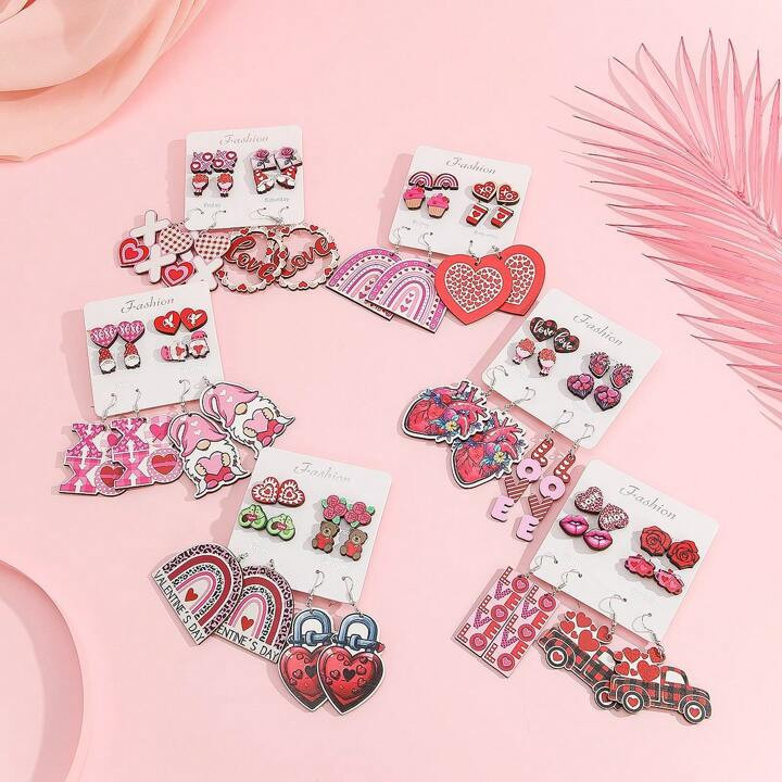 6pairs Wooden Carved Heart Shaped Earrings, Ideal Valentine's Day Gifts | SHEIN