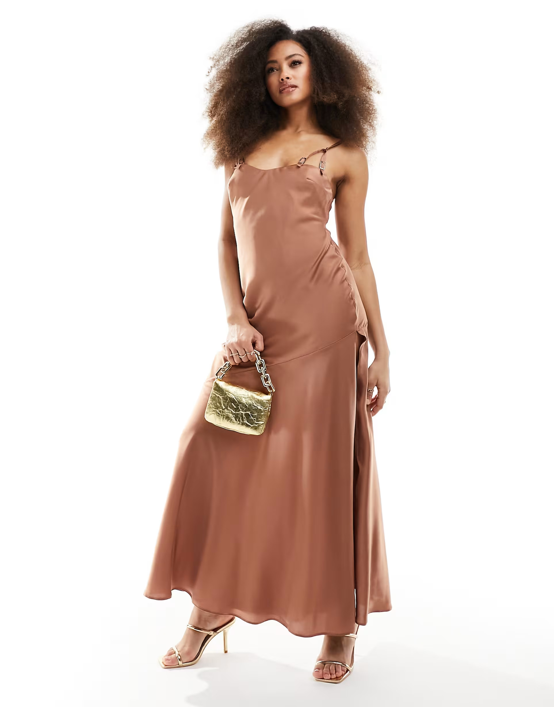 ASOS DESIGN satin buckle strap maxi dress with fuller skirt in mocha | ASOS (Global)