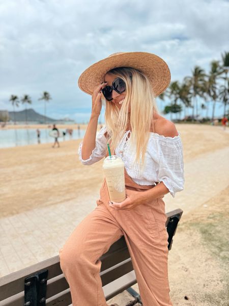 Coffee break ☕️ wearing my favorite linen overalls , they have pockets and are super comfy, will make great travel outfit , they also come in different colors. Top you can wear on or off the shoulder. Use BLONDEBEACHVIBESSC15 for 15% off  in Salty Crusht

#LTKtravel #LTKfindsunder100 #LTKstyletip