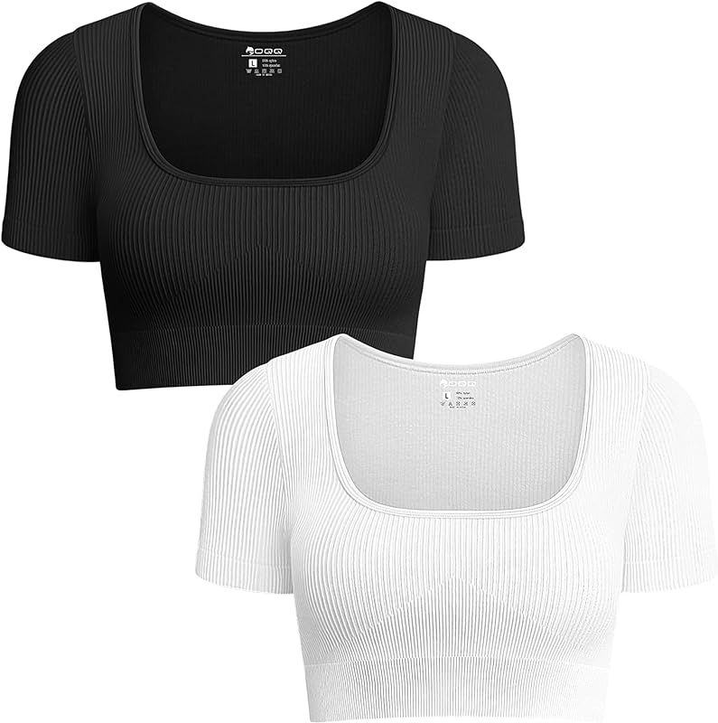 OQQ Women's 2 Piece Crop Top Ribbed Seamless Workout Exercise Short Sleeve Square Neck Crop Tops | Amazon (US)