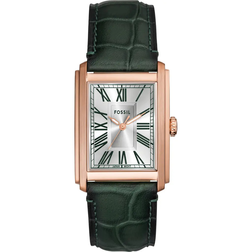 Fossil Carraway Croc Embossed Leather Strap Watch, 30mm in Green at Nordstrom | Nordstrom