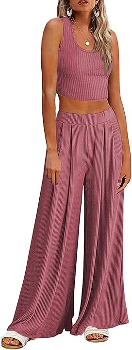 Ekouaer Women's 2 Piece Lounge Sets Ribbed Knit Crop Top Wide Leg Pants with Pockets S-XXL | Amazon (US)