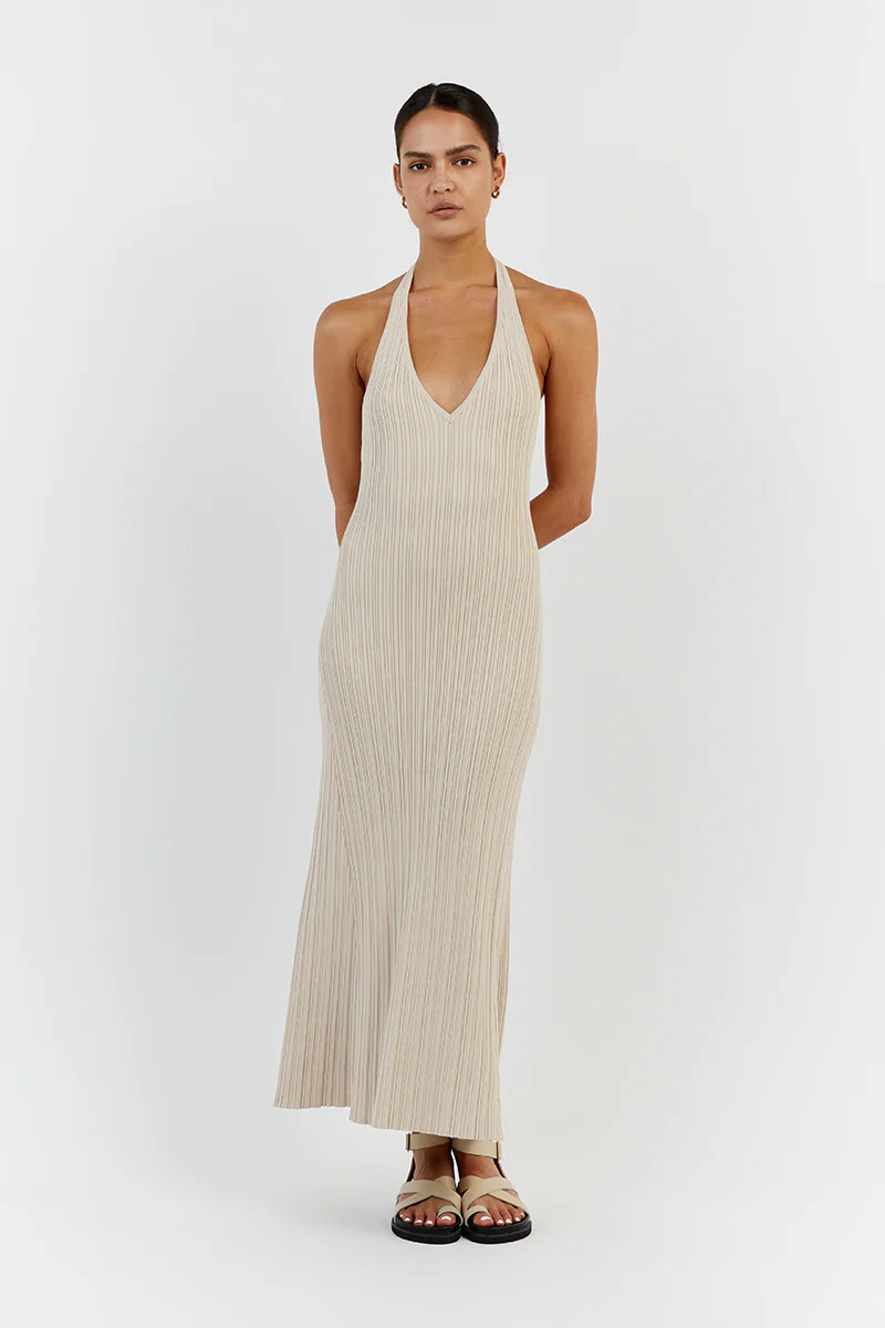 SIENNA STONE PLUNGE HALTER MIDI | DISSH