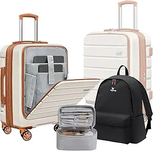 Explorer 20 Inch Carry On - Hardshell Suitcases with Front Pocket, White Brown | Amazon (US)