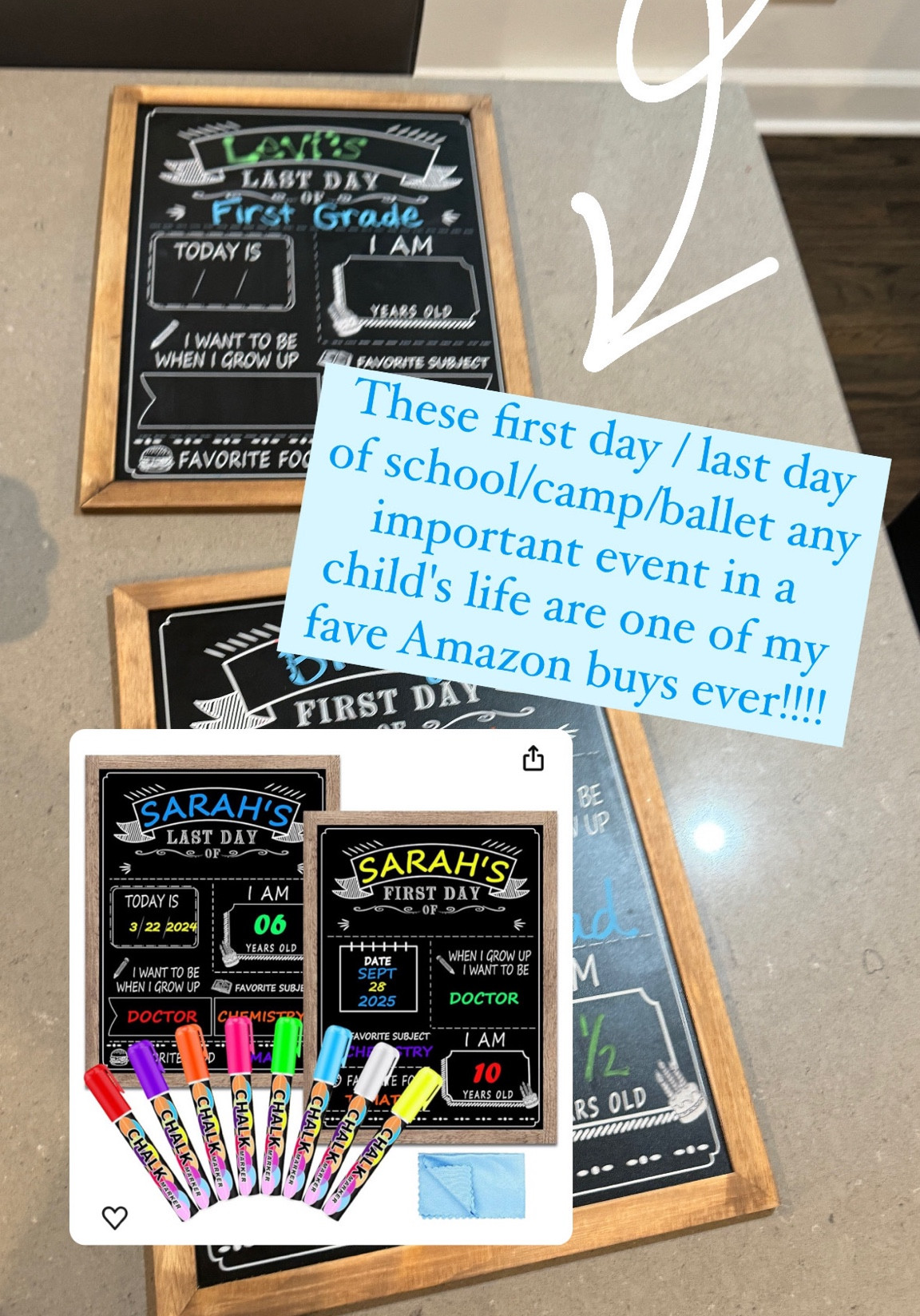 This is ONE sign, two sides. One side is for the first day and the other side is for the last day! It comes with a bunch of fun colored chalkboard markers and it's truly one of my fave amazon purchases! If you have kids, you need! The price is right too!! 

#LTKKids #LTKBaby #LTKFamily