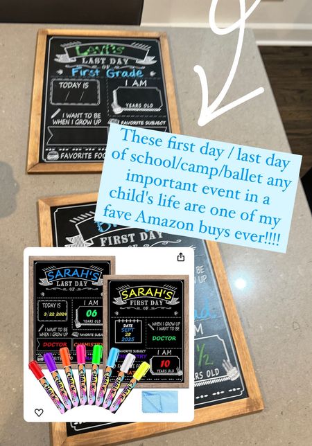 This is ONE sign, two sides. One side is for the first day and the other side is for the last day! It comes with a bunch of fun colored chalkboard markers and it's truly one of my fave amazon purchases! If you have kids, you need! The price is right too!! 

#LTKKids #LTKBaby #LTKFamily