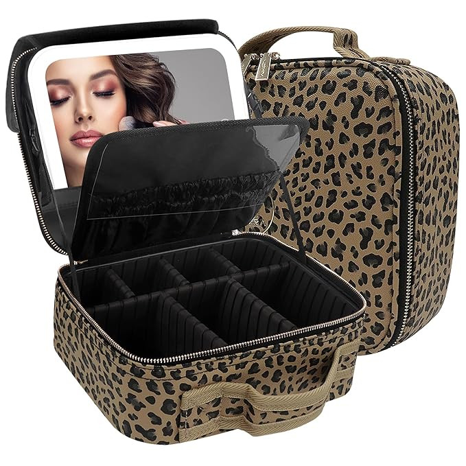 MOMIRA Travel Makeup Bag Cosmetic Bag Makeup Organizer Bag with Large Lighted Mirror（Leopard Li... | Amazon (US)
