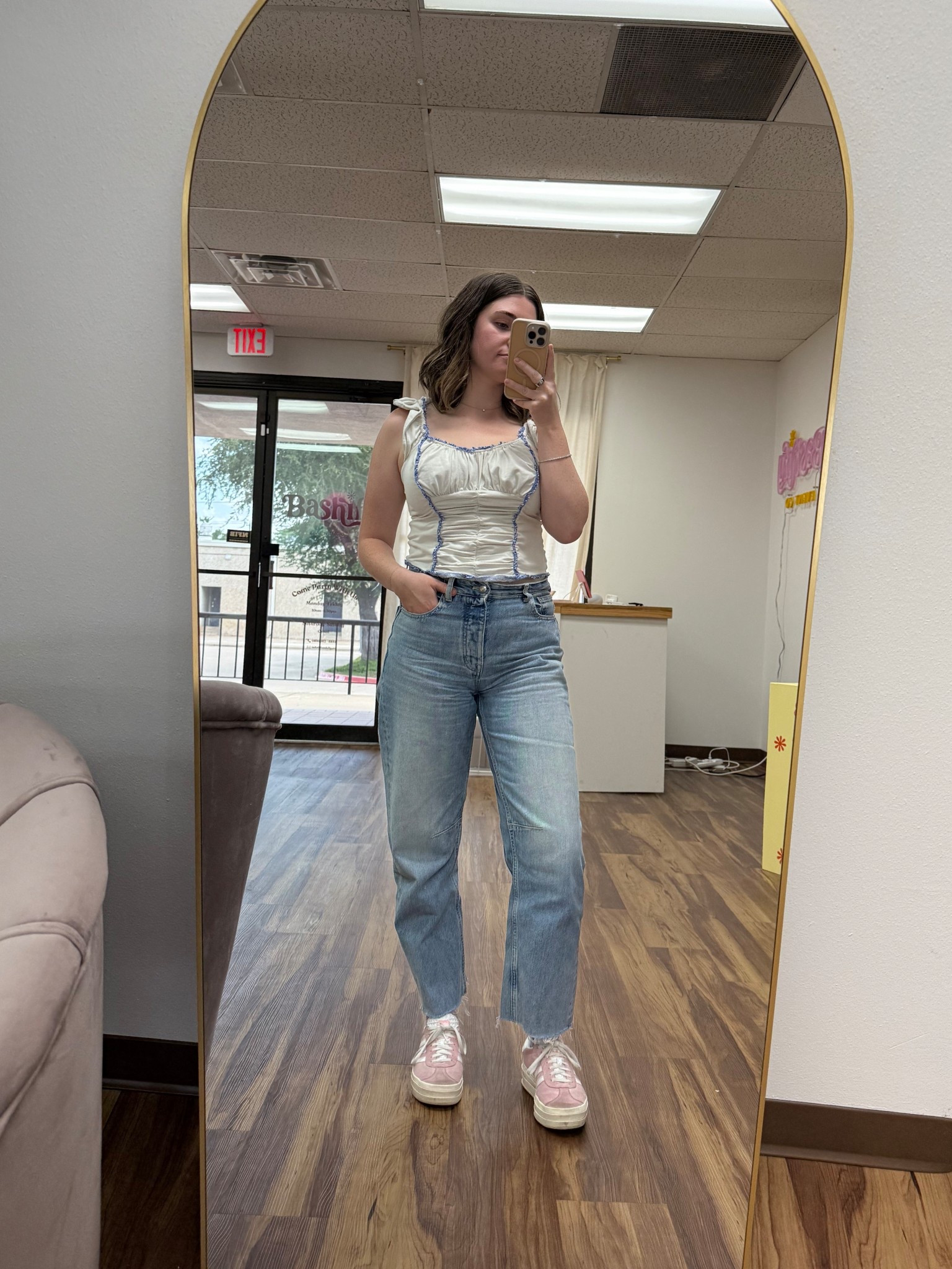 Daily outfit 
Free people top 
Madewell barrel jeans (size down 2 sizes!!)
Pink adidas gazelles 

#LTKStyleTip