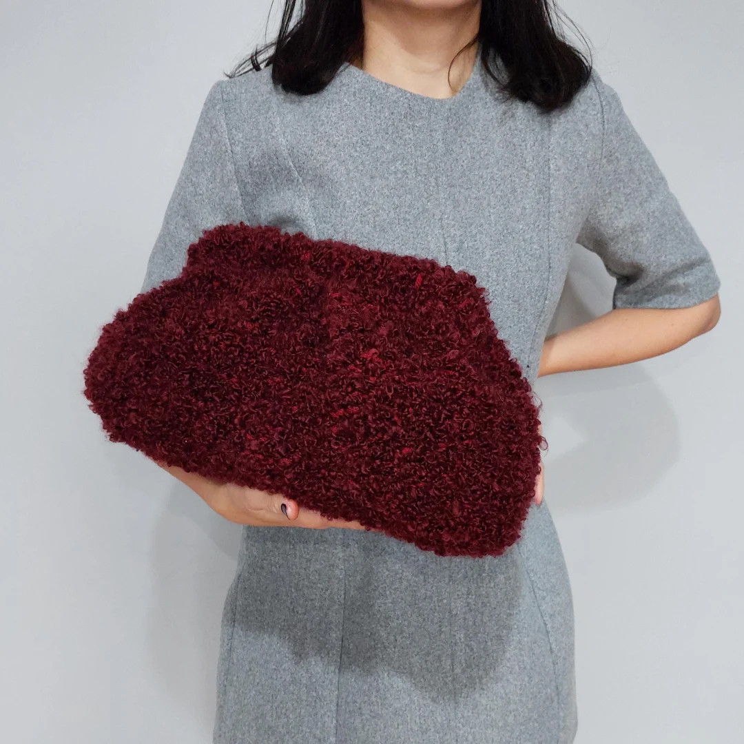 Burgundy Teddy Yarn Bag, Plush Fuchsia Crochet Clutch - Etsy | Etsy (US)