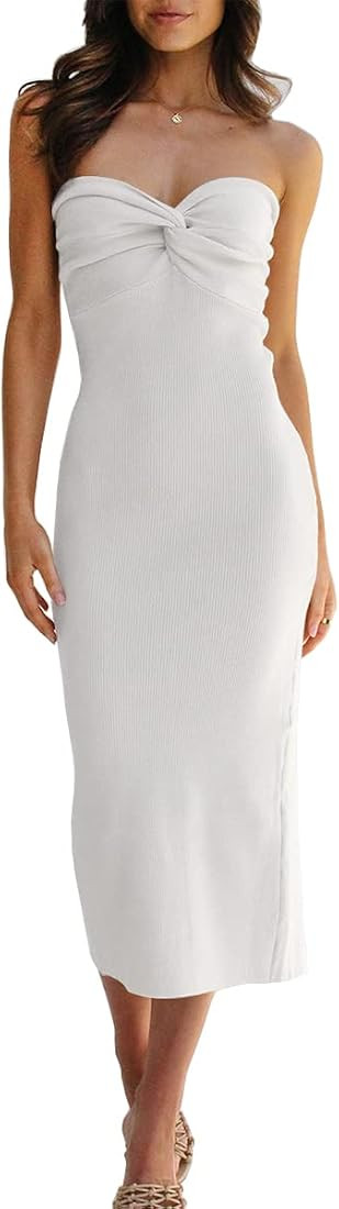 LILLUSORY Women's 2023 Summer Knitted Dresses Sexy Twisted Front Strapless Midi Bodycon Dress wit... | Amazon (US)
