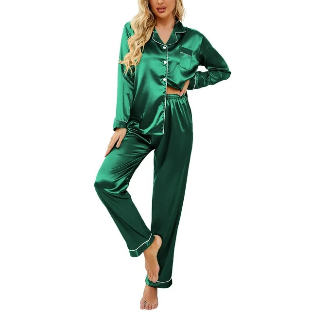 DAKIMOE Sleepwear Womens Silky Satin Pajamas Set Long Sleeve Nightwear Loungewear, Green, M | Walmart (US)