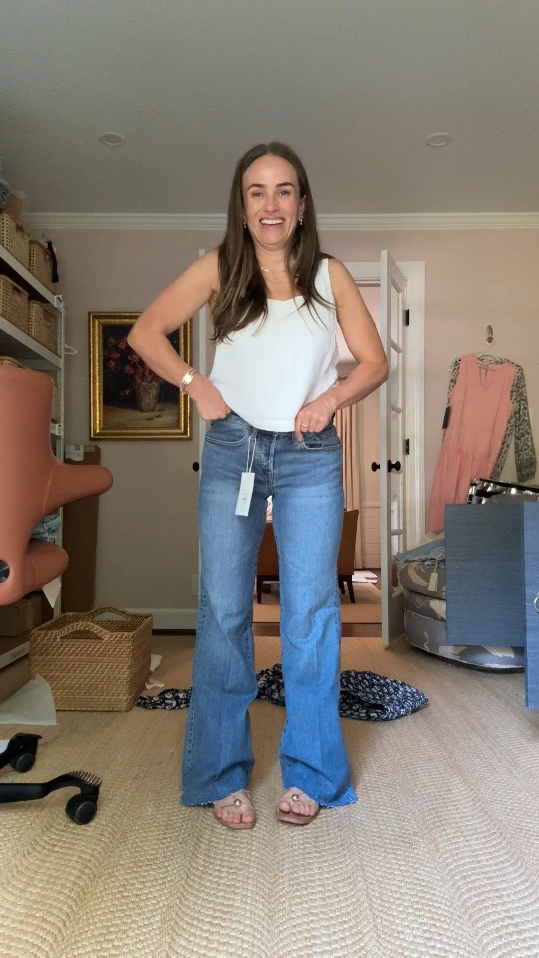This is a different pair of Good American. They are mid rise and I like them better. They are a true stiff denim versus a stretchy denim.

#LTKmomlife #LTKPetite #LTKgrwm