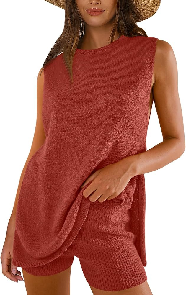 ANRABESS Women Summer 2 Piece Outfits Sleeveless Knit Sweater Top & Shorts Soft Lounge Sets Trave... | Amazon (US)