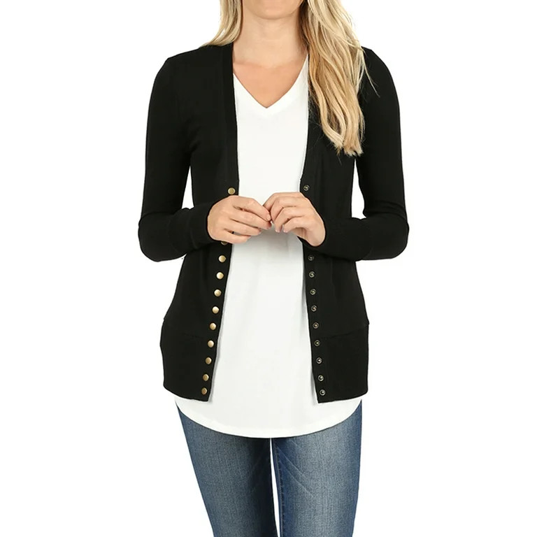 Zenana Women & Plus Classic Front V-Neck Thin Snap Button Down Long Sleeve Ribbed Knit Cardigan | Walmart (US)