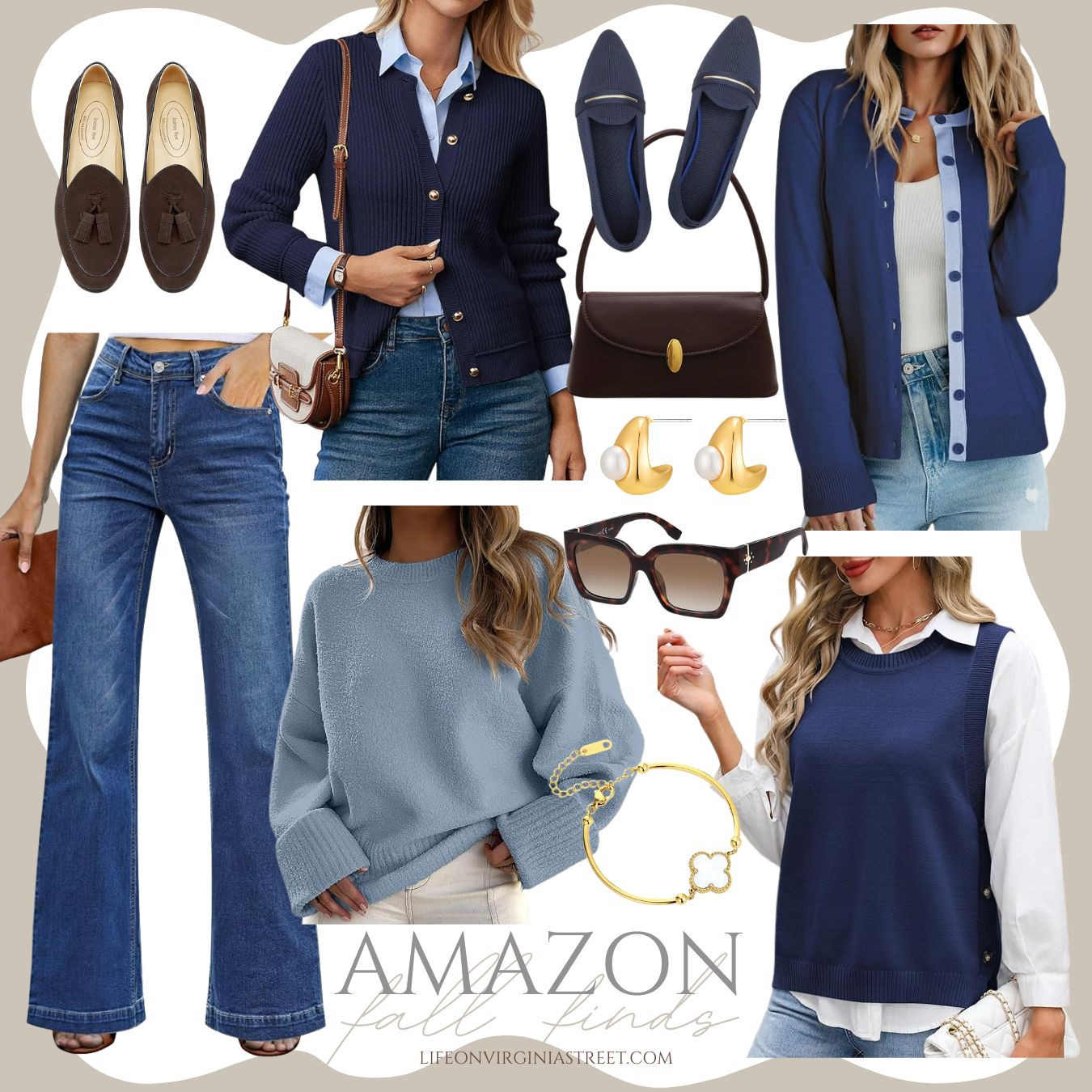 I love navy blue outfits for fall and these shades of blue are all so cute! Loving these cardigan sweaters, sweater vest, oversized sweater, wide leg jeans, loafters, trendy purse, and chic designer look for less jewelry - all from Amazon! #ltkseasonal #ltkfindsunder50 #ltkfindsunder100 #ltkstyletip #ltksalealert #ltkover40 #ltkmidsize #ltkworkwear #ltkshoecrush #ltkitbag 

 

#LTKSeasonal #LTKSaleAlert #LTKFindsUnder50