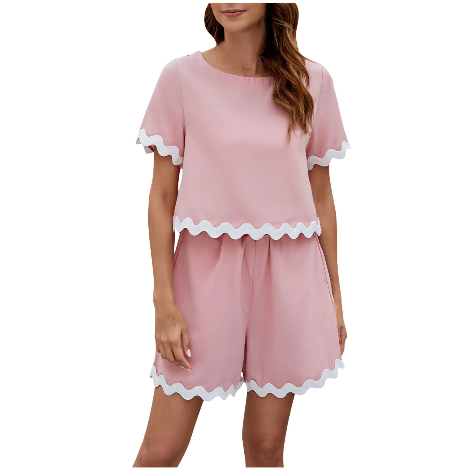 cfhntfmh 2 Piece Lounge Sets for Women Scallop Trim Short Sleeve Crewneck T-Shirts Comfy Shorts C... | Walmart (US)