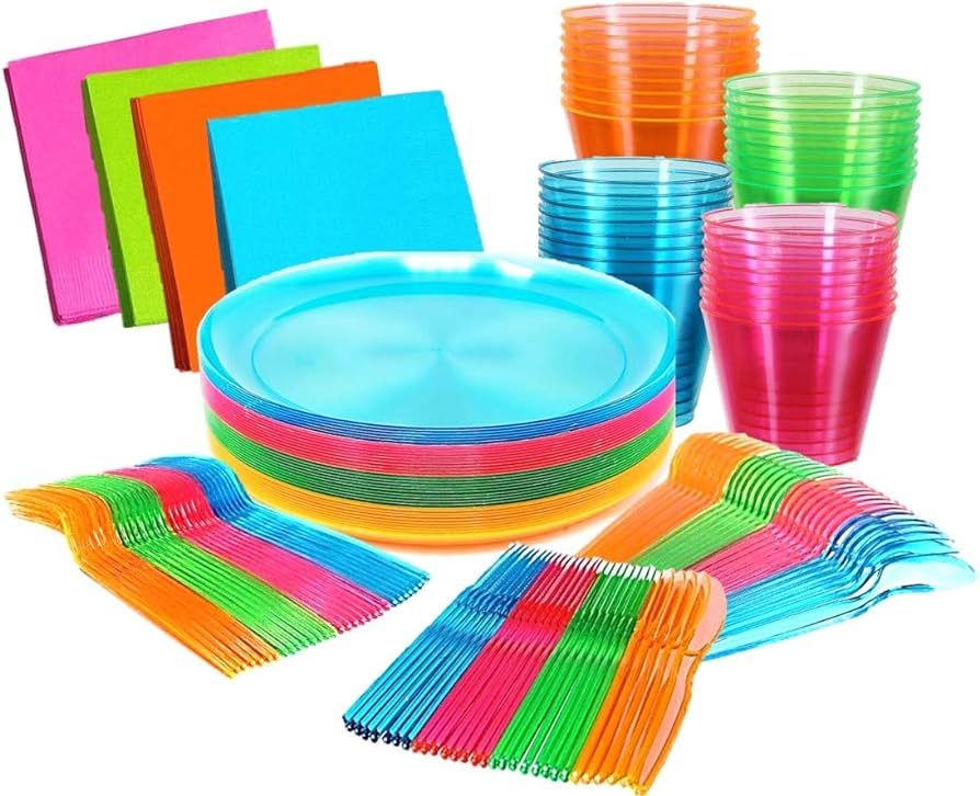 Kedudes Neon Glow Party Supplies, Serves 32 - Hard Plastic Disposable Party Neon Plates, Napkins,... | Amazon (US)