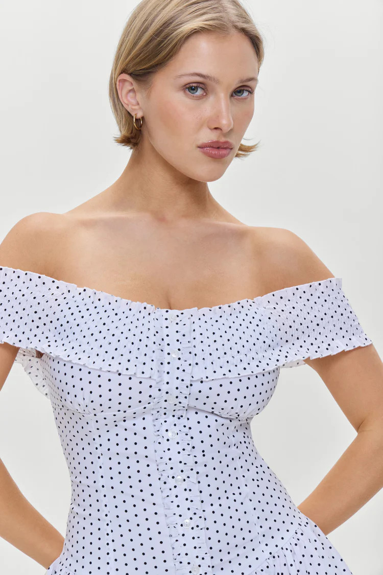Mae Off Shoulder Mini Dress - White Polka Dot | Frankies Bikinis