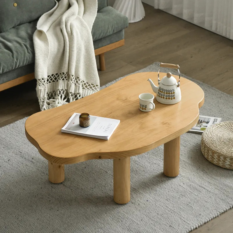 Farmhouse Pine Wood Coffee Table Cloud Shaped in Natural with 4 Legs-Homary | Homary.com