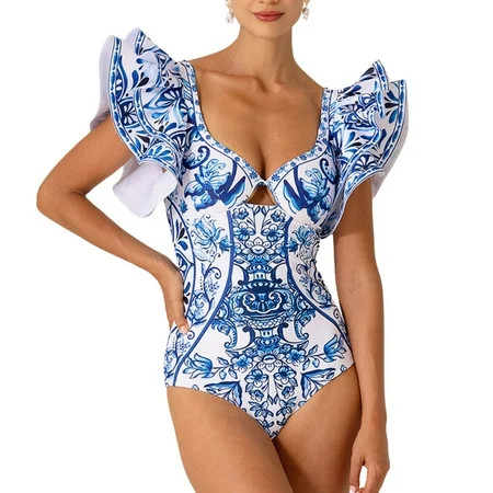 Flaxmaker Women One Piece Swimsuit Set Ruffle Blue and White Porcelain Pattern Majolica Print Swimsuit and Skirt Two Piece Bathing Suit Swimwear | Walmart (US)
