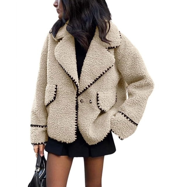 Chouyatou Women's Winter Casual Embroidered Sherpa Jacket Notch Lapel Fuzzy Faux Fur Fleece Jacke... | Walmart (US)