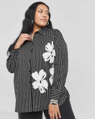 Placement Print Oversized Striped Poplin Shirt | Simply Be | Simply Be (UK)