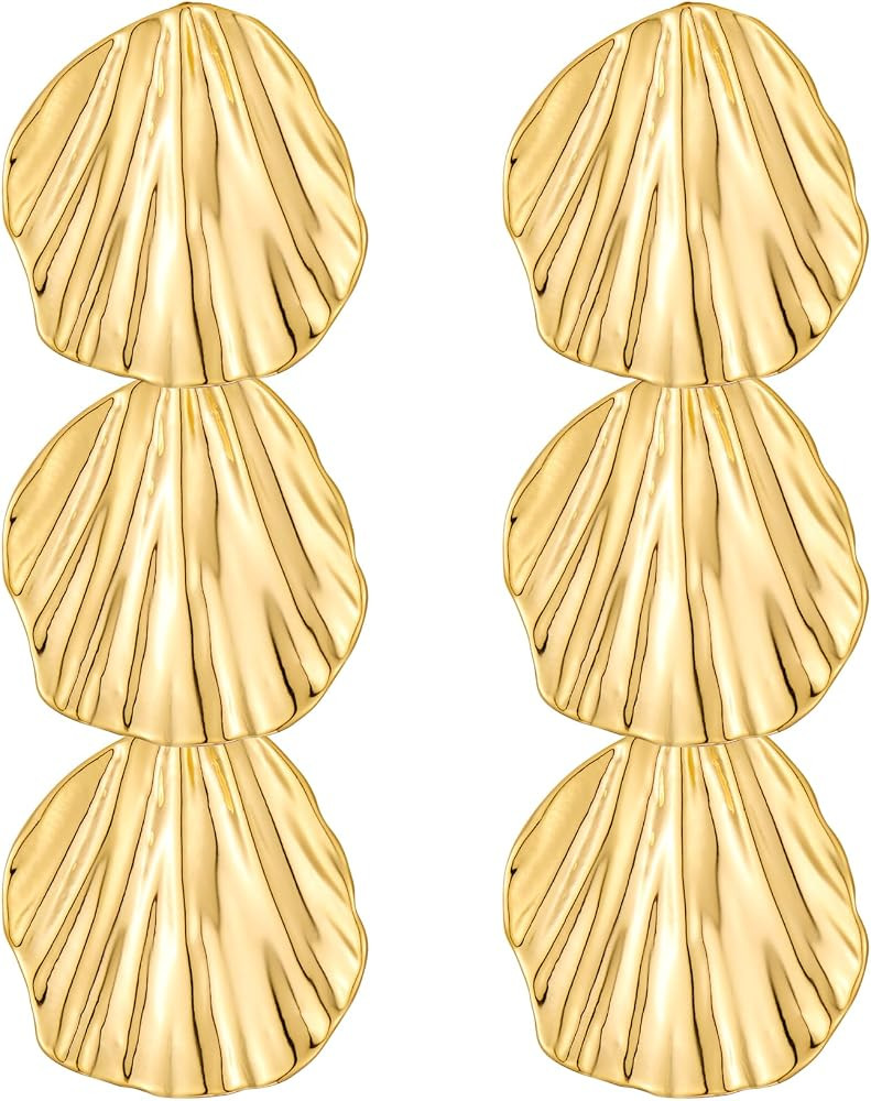 Gold Plated Earrings Dangle Chunky Fan-shaped Earrings Shell Earring for Women Two-Tone Fashion S... | Amazon (US)
